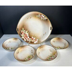 Nippon Painted Salad Berry Bowls Set Pink Azaleas with Gold Trim -- Set Of 5